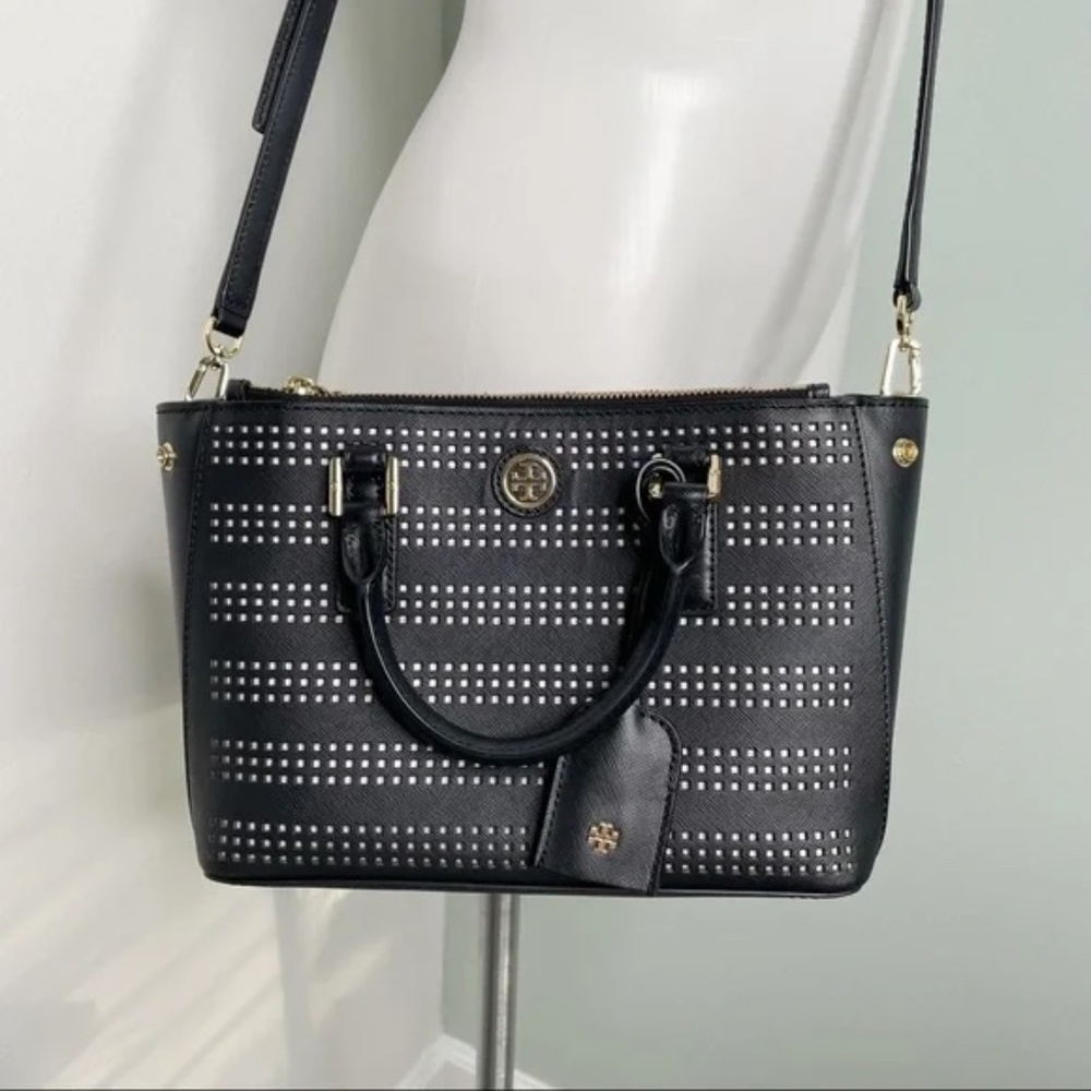 Tory Burch Emerson Perforated Satchel Bag Black Leather Handbag Purse